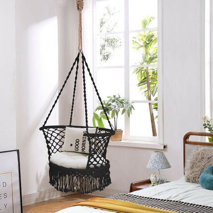 Scaun hamac suspendat, spătar din macrame de bumbac, negru