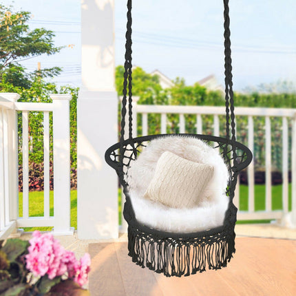 Scaun hamac suspendat, spătar din macrame de bumbac, negru