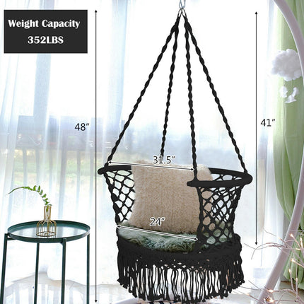 Scaun hamac suspendat, spătar din macrame de bumbac, negru