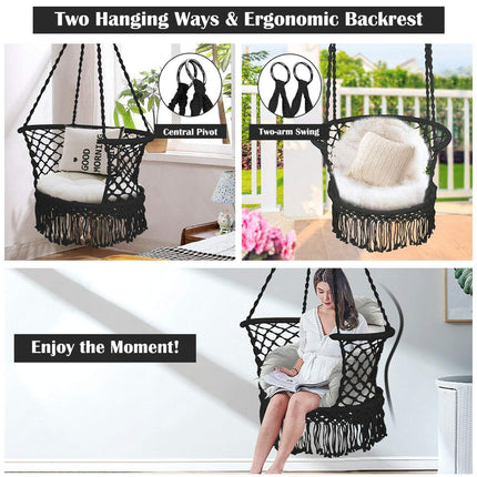 Scaun hamac suspendat, spătar din macrame de bumbac, negru