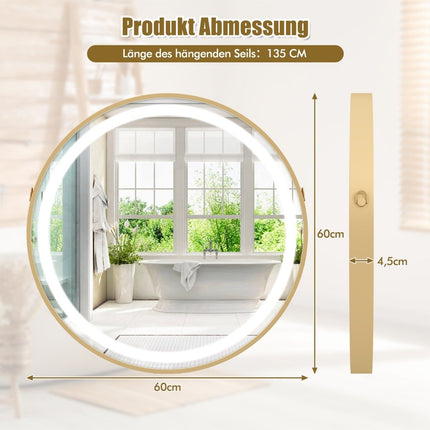 Hanging bathroom mirror with hanging strap & 3-color LED light & memory function