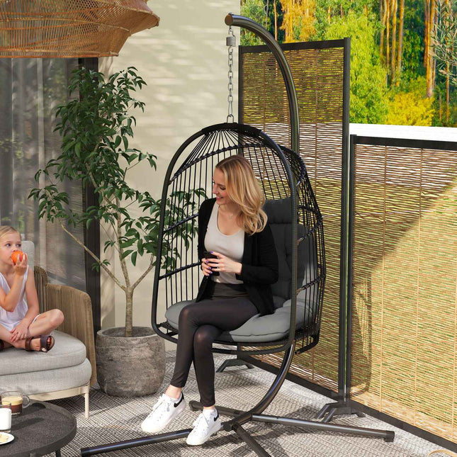 Scaun suspendat coș suspendat cu pernă leagăn din polirattan pentru exterior scaun suspendat pliabil de interior capacitate de încărcare până la 150 kg leagăn agățat scaun agățat pentru sufragerie balcon terasă gri închis