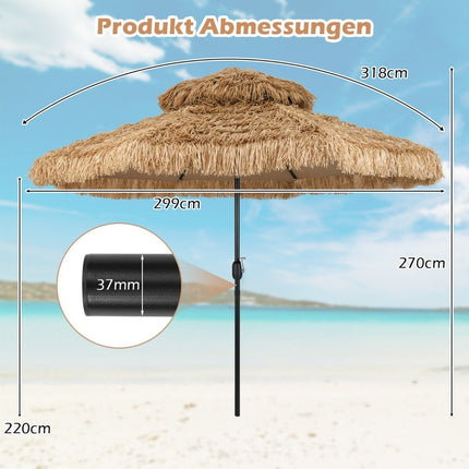 Umbrelă Hawaiian Tiki, paie PE de 299 cm, înclinare reglabilă