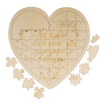 Puzzle din lemn în formă de inimă cu gravură