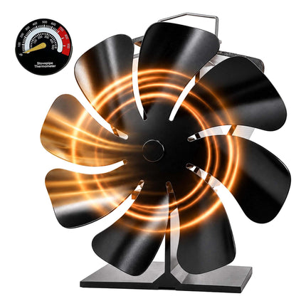 Heat-Powered Stove Fan with Flue Pipe Thermometer, 8 Blades, Black