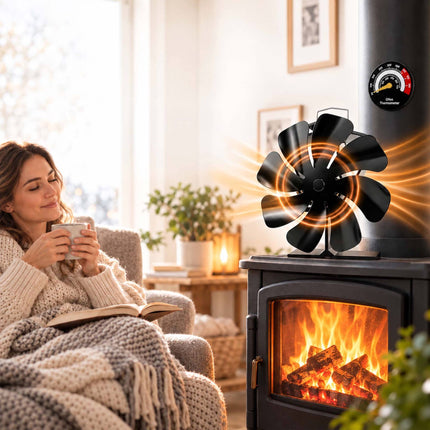 Heat-Powered Stove Fan with Flue Pipe Thermometer, 8 Blades, Black
