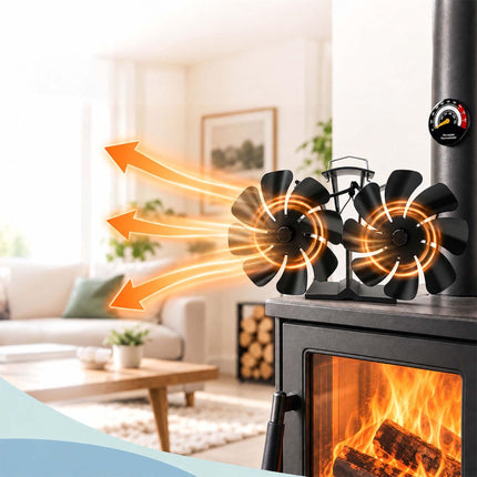 Heat-Powered Stove Fan with Twin Motor and Thermometer, 16 Blades, Black