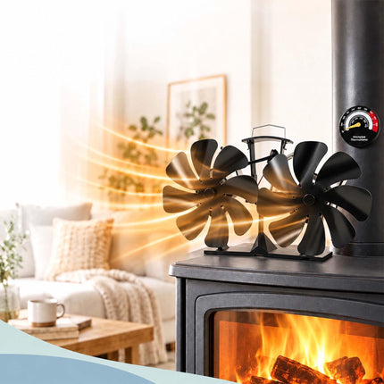 Heat-Powered Stove Fan with Twin Motor and Thermometer, 16 Blades, Black