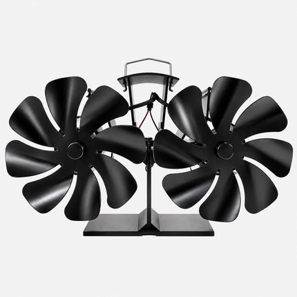 Heat-Powered Stove Fan with Twin Motor and Thermometer, 16 Blades, Black