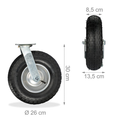Set de roți rezistente cu anvelope pneumatice, 2 fixe + 2 pivotante