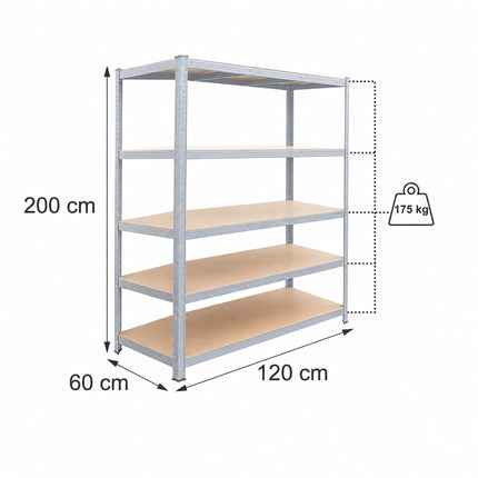 Heavy-Duty Shelving Unit with 5 Adjustable Tiers, 175 kg per Tier, Grey