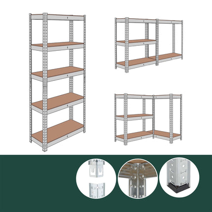 Heavy-Duty Steel Shelving Unit, 5 Tiers, 875 kg, Silver, Natural