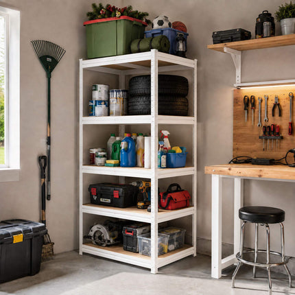 Heavy-Duty Steel Shelving Unit with 5 Adjustable Shelves, White, 875 kg Load