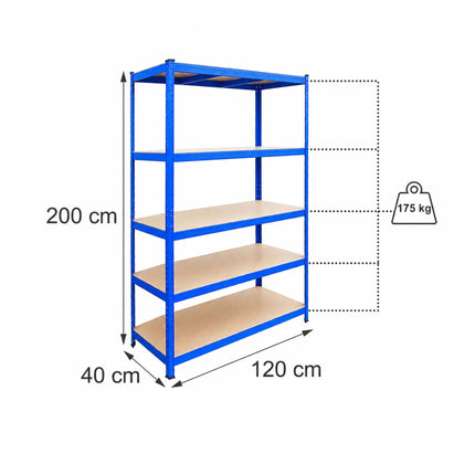 Heavy-Duty Steel Storage Rack with 5 Adjustable Shelves, 175 kg per Shelf, Blue