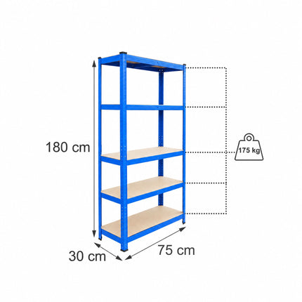 Heavy-Duty Steel Storage Rack with 5 Adjustable Shelves, 175 kg per Shelf, Blue
