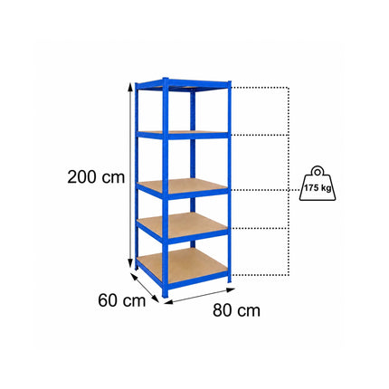 Heavy-Duty Steel Storage Rack with 5 Adjustable Shelves, 175 kg per Shelf, Blue