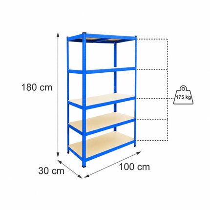 Heavy-Duty Steel Storage Rack with 5 Adjustable Shelves, 175 kg per Shelf, Blue