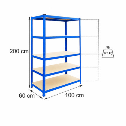 Heavy-Duty Steel Storage Rack with 5 Adjustable Shelves, 175 kg per Shelf, Blue