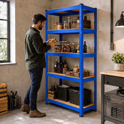 Heavy-Duty Steel Storage Rack with 5 Adjustable Shelves, 175 kg per Shelf, Blue