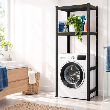 Heavy-Duty Washing Machine Rack, Industrial Steel and MDF – Black/Brown