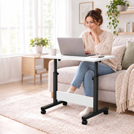 Height-Adjustable Laptop Desk on Castors, Tilting Top – White, Black Frame