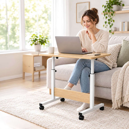 Height-Adjustable Laptop Table with Castors, Tilting Top – Light Wood/White
