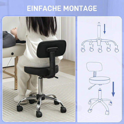 Height Adjustable Rolling Stool with Removable Backrest, Faux Leather, Black