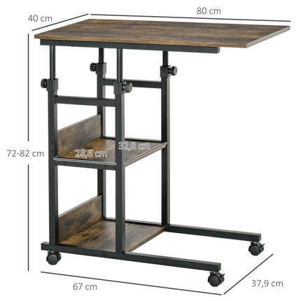 Height-Adjustable Side Table with Wheels and 2 Shelves, 80x40x72-82 cm, Brown