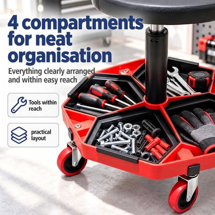 Height-Adjustable Workshop Stool with 4 Tool Compartments, Black/Red, 136 kg