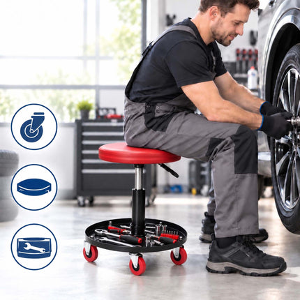 Height-Adjustable Workshop Stool with Tool Tray, 42–56 cm, Max 120 kg, Red