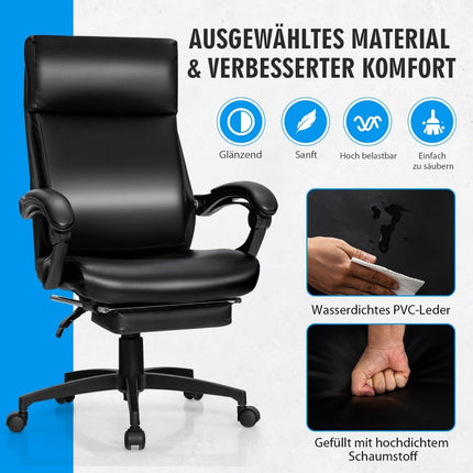 Height-adjustable executive chair swivel chair with headrest & retractable footrest black 360° rotatable 105-145° adjustable