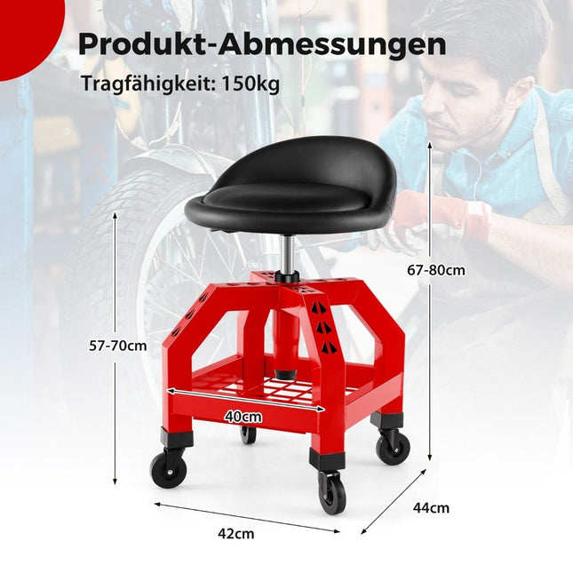 Scaun atelier reglabil pe inaltime 150 kg capacitate de incarcare cu tava pentru scule scaun atelier rosu