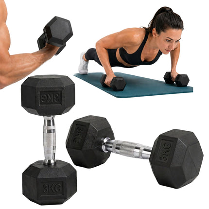 Hex Dumbbells 3 kg Pair, Rubber-Coated Cast Iron, Non-Slip Handles