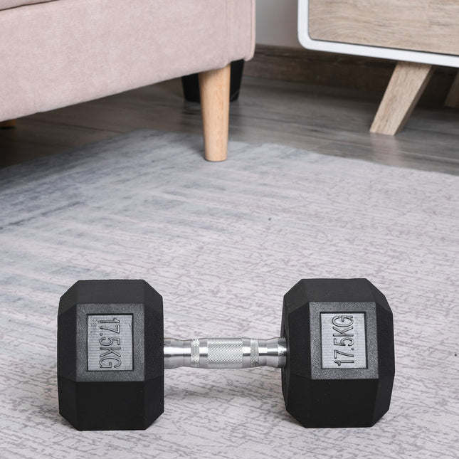 17.5 kg Hexagon rubber dumbbells, black iron for strength training