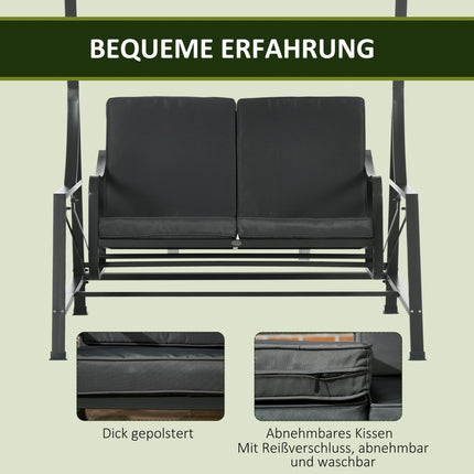 Leagăn Hollywood, Leagăn de grădină cu 2 locuri, Bancă de leagăn cu baldachin reglabil, pernă pentru scaun, gri închis, oțel, 148 X 129 X 172 Cm
