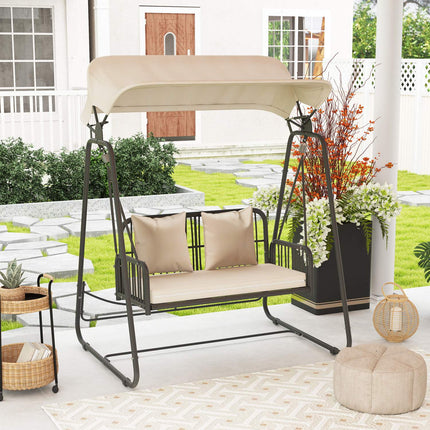 2 Seater Rattan Garden Swing with Canopy - Khaki
