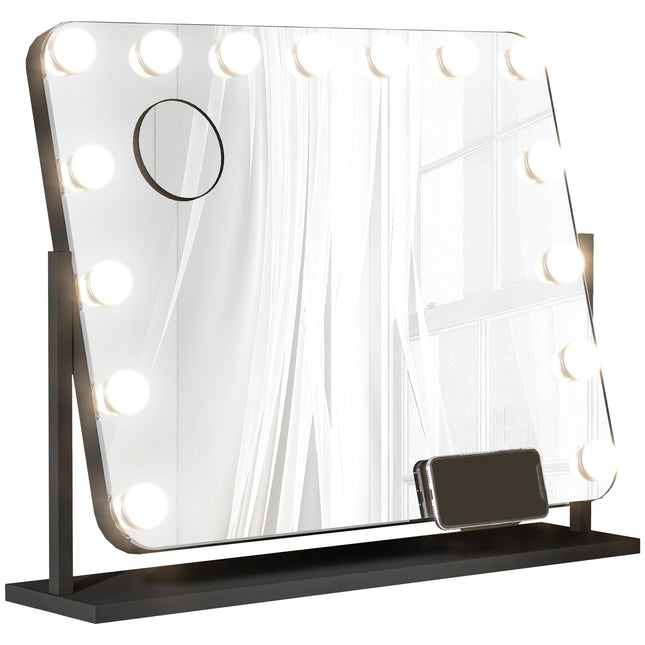 Oglindă Hollywood cu iluminare, 15 LED, 62,5x49,5cm, 3 moduri, mărire 10X, rotativă 360°, suport pentru telefon mobil, portabil, negru