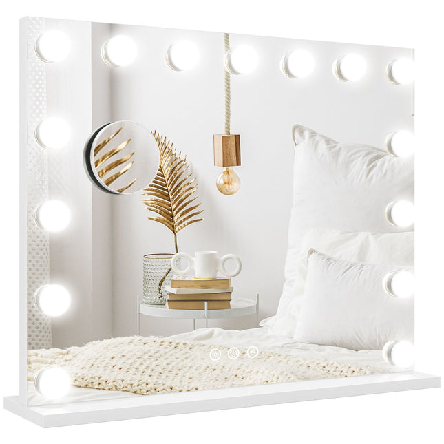 Oglindă Hollywood cu iluminare 58x48cm 15 LED 3 moduri de lumină 10X mărire comutator tactil portabil Port de încărcare USB alb |.de