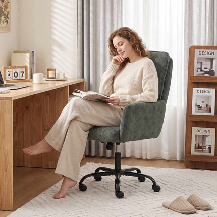 Home Office Desk Chair with Wide Seat and Mid Back, Linen Look, Dark Green