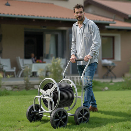 Hose Reel Cart, 300 ft 5/8 in Capacity, 4-Wheel Steel