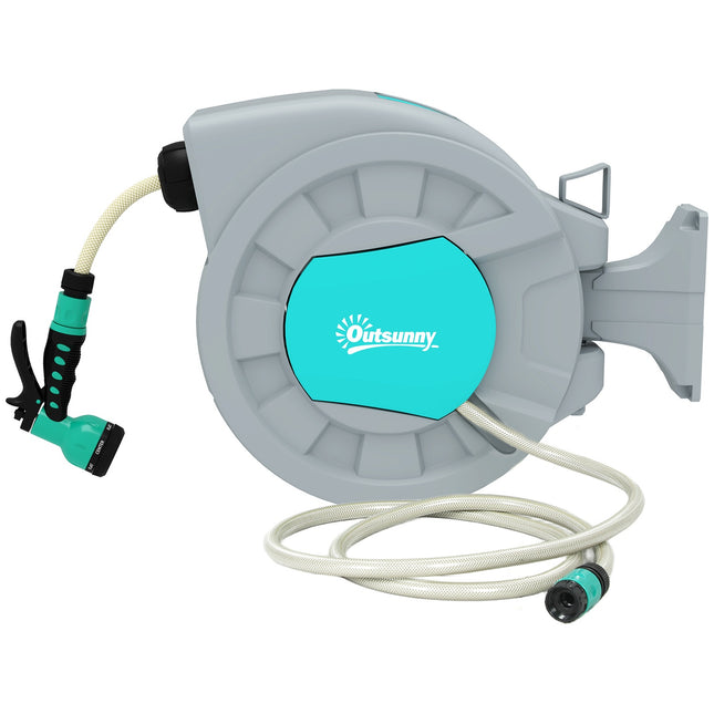 Garden hose reel 20m, wall mount, automatic backwash, 7-function shower