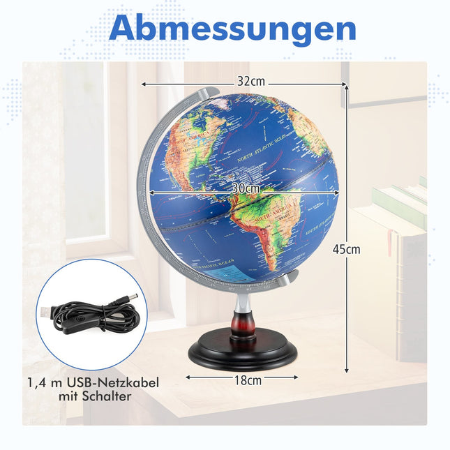 Glob iluminat de 30 cm cu bază din lemn – Instrument educațional