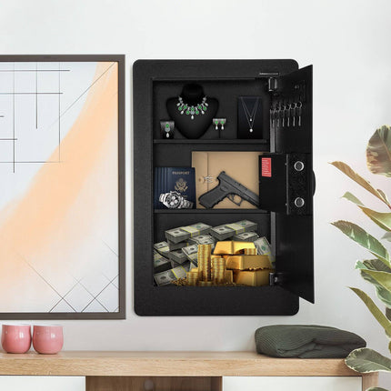 In-Wall Safe 65 cm, Keypad Lock, 3 Shelves, Key Hooks