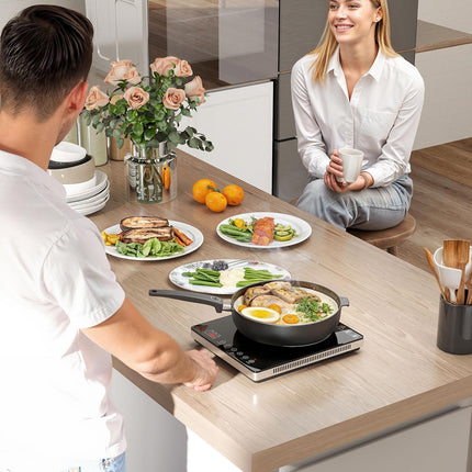 Plită cu inducție Plită 1 plită, plită portabilă cu inducție cu 10 trepte de putere și trepte de temperatură, 2000 W, temporizator, blocare siguranță pentru copii, negru