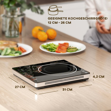 Plită cu inducție Plită 1 plită, plită portabilă cu inducție cu 10 trepte de putere și trepte de temperatură, 2000 W, temporizator, blocare siguranță pentru copii, negru