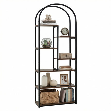 Bibliotecă industrială arcuită, 7 rafturi deschise, maro rustic