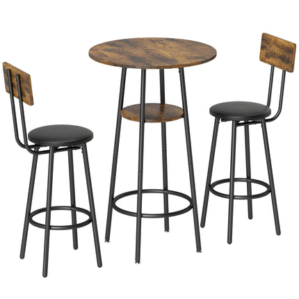 Set masă de bar industrial, 2 scaune căptușite, raft, maro rustic