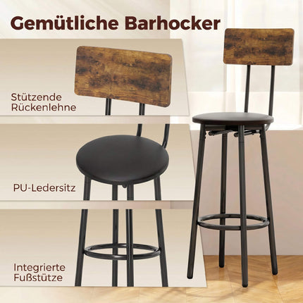 Set masă de bar industrial, 2 scaune căptușite, raft, maro rustic