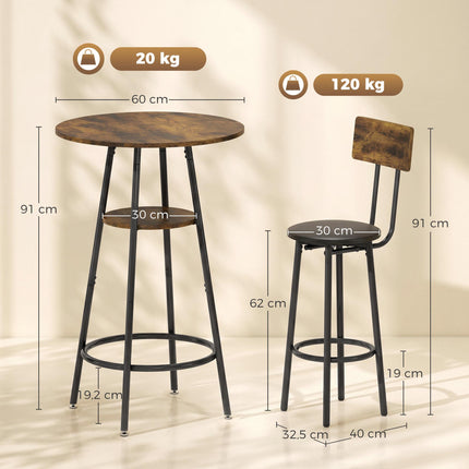 Set masă de bar industrial, 2 scaune căptușite, raft, maro rustic