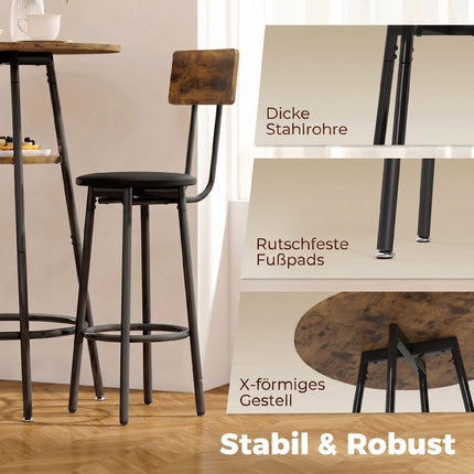 Set masă de bar industrial, 2 scaune căptușite, raft, maro rustic